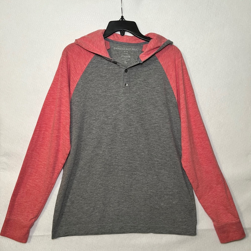 Banana Republic Vintage Men's Large Grey Red Preppy Raglan Henley Hoodie Shirt